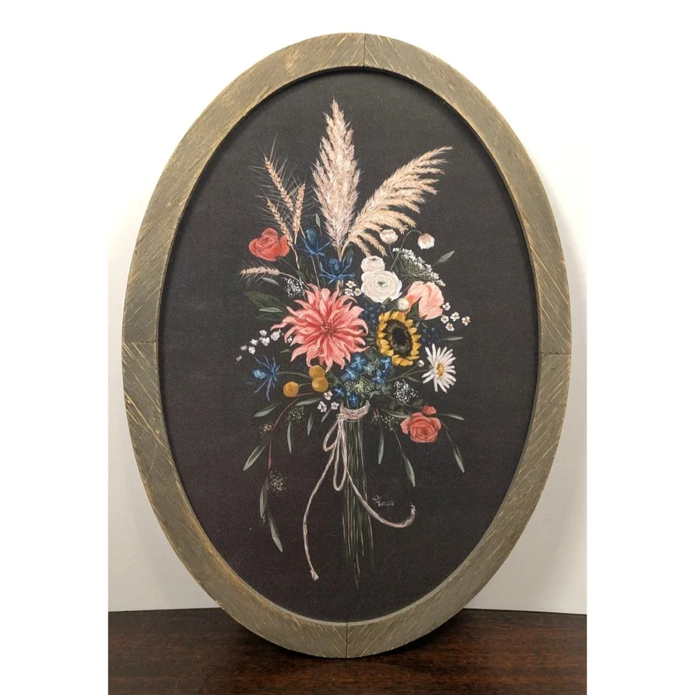 Hobby Lobby Hollihocks Oval Floral Bouquet Wall Decor Rustic Wood Frame 17x13